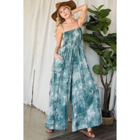 Green Tie Dye Wide Palazzo Flare Leg Smocked Bohemian Casual Jumpsuit w/ Pockets - Picture 3 of 13